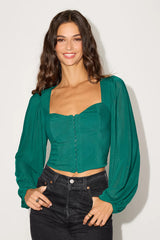 Feeling So Cute Dark Green Mesh Balloon Sleeve Crop Top
