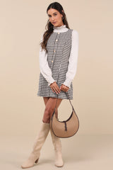 Coveted Poise Brown Houndstooth Button-Front Shift Mini Dress