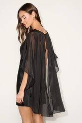 Amini Black Satin Cape Sleeve Mini Dress