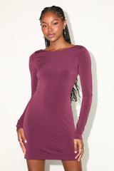 Noey Olive Jersey Knit Cowl Back Long Sleeve Mini Dress