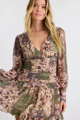 Ismini Beige Multi Patchwork Long Sleeve Mini Dress