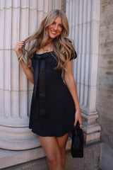 Polished Sweetie Black Jacquard Bow Puff Sleeve Mini Dress