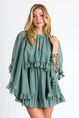 Rhozie Cream Embroidered Swiss Dot Cape Sleeve Tiered Mini Dress