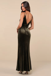 Immensely Glam Olive Green Velvet Backless Maxi Dress
