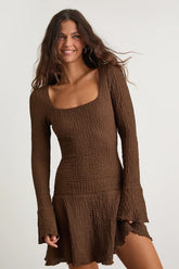 Radleigh Brown Textured Long Sleeve Drop Waist Mini Dress