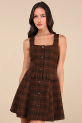 Autumn Approach Brown Plaid Sleeveless Button-Up Mini Dress