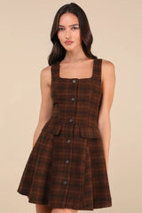 Autumn Approach Brown Plaid Sleeveless Button-Up Mini Dress