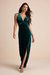 Enhanced Aura Emerald Green Velvet Cowl-Back Maxi Dress