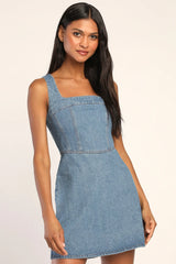 So Delighted Medium Wash Denim Corset Seam Mini Dress