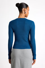 Karlee Dark Teal Blue Ribbed Knit Long Sleeve Sweater Top