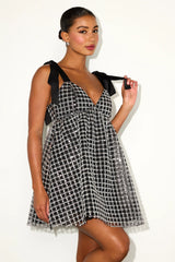 Neandra Black Pearl Tie-Strap Babydoll Mini Dress