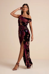 Marnella Burgundy Floral Velvet Burnout Asymmetrical Maxi Dress