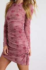 Laudie Mauve Pink Rose Print Ruched Mini Dress