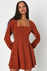 Daily Affection Brown Floral Corduroy Mini Dress With Pockets