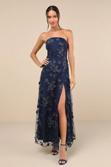 Rare Presence Navy Blue 3D Floral Embroidered Maxi Dress