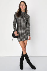 Cool Girl Status Black Print Mock Neck Long Sleeve Mini Dress
