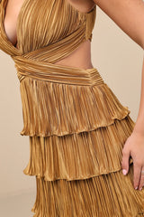 Beauty Icon Gold Satin Pleated Tiered Lace-Up Maxi Dress