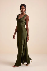 Aernah Wine Red Satin Cowl Tie-Back Slip Maxi Dress