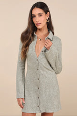 Cuddly Sweetness Heather Green Button-Front Sweater Mini Dress