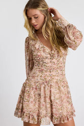 Ismini Beige Multi Patchwork Long Sleeve Mini Dress