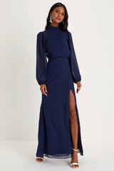 Graceful Entrance Navy Blue Long Sleeve Backless Maxi Dress