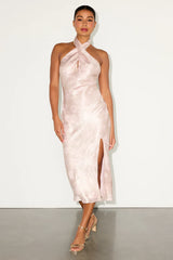 Beyond Classy Blush Satin Jacquard Halter Midi Dress