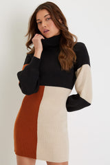Mod For You Black Color Block Turtleneck Mini Sweater Dress