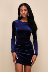 Glittery Glee Royal Blue Sparkly Backless Long Sleeve Mini Dress