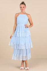 Came For Cocktails Light Blue Pleated Tiered Lace Maxi Dress