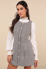 Coveted Poise Brown Houndstooth Button-Front Shift Mini Dress