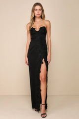 Elegant Mood Black 3D Floral Applique Strapless Maxi Dres