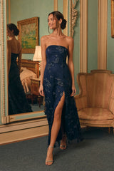 Rare Presence Navy Blue 3D Floral Embroidered Maxi Dress