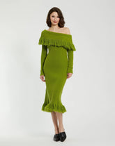 Green Off The Shoulder Fringe Long Sleeve Knit Dress - FINAL SALE