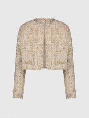 Beige Long Sleeve Cropped Boucle Jacket