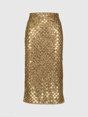 Gold Georgette Embellished Fitted Midi Pencil Skirt