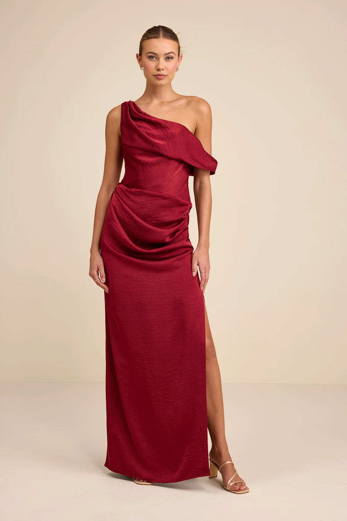 Aviana Dark Red Satin Asymmetrical Maxi Dress