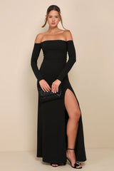 Alluring Sophistication Dark Plum Off-the-Shoulder Maxi Dress