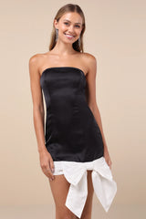 Always Compelling Black and White Satin Strapless Bow Mini Dress