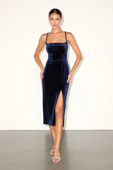 Gorgeous Composure Navy Velvet Lace-Up Sleeveless Midi Dress