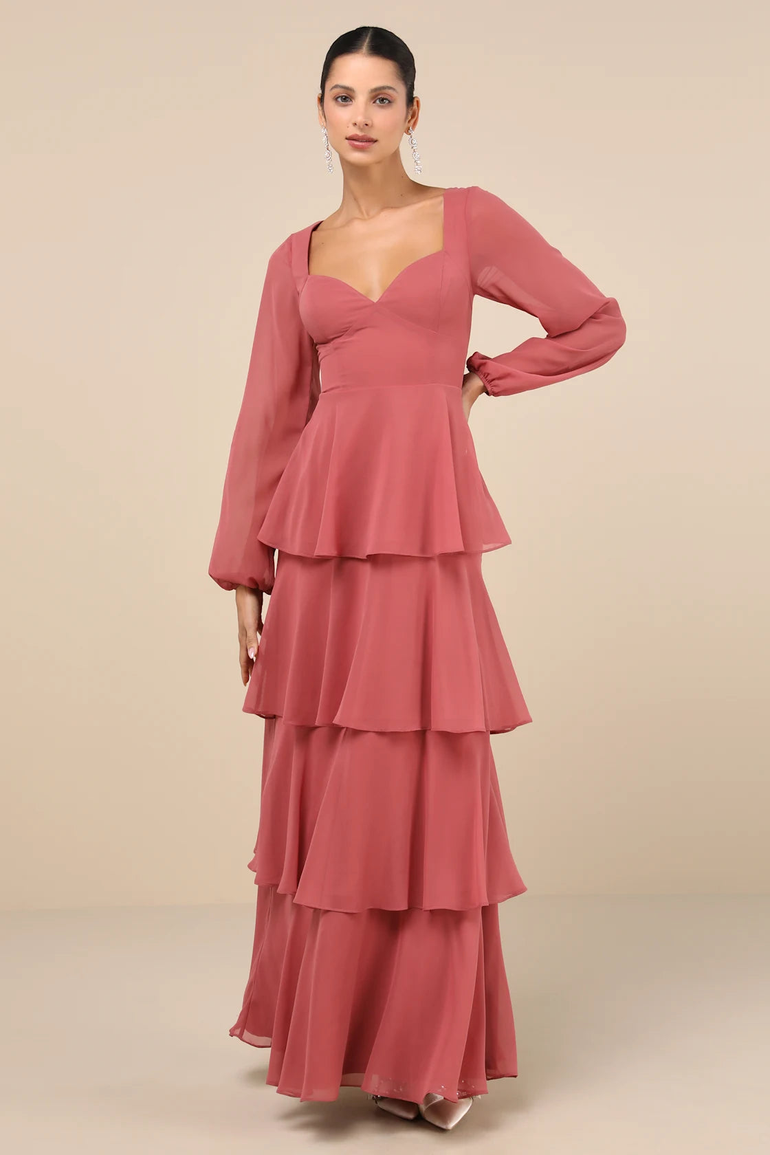 Flawless Excellence Rusty Rose Tiered Long Sleeve Maxi Dress