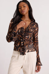 Aminata Black and Orange Animal Print Ruffled Top