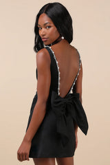 Cloe Black Rhinestone Backless Bow Mini Dress