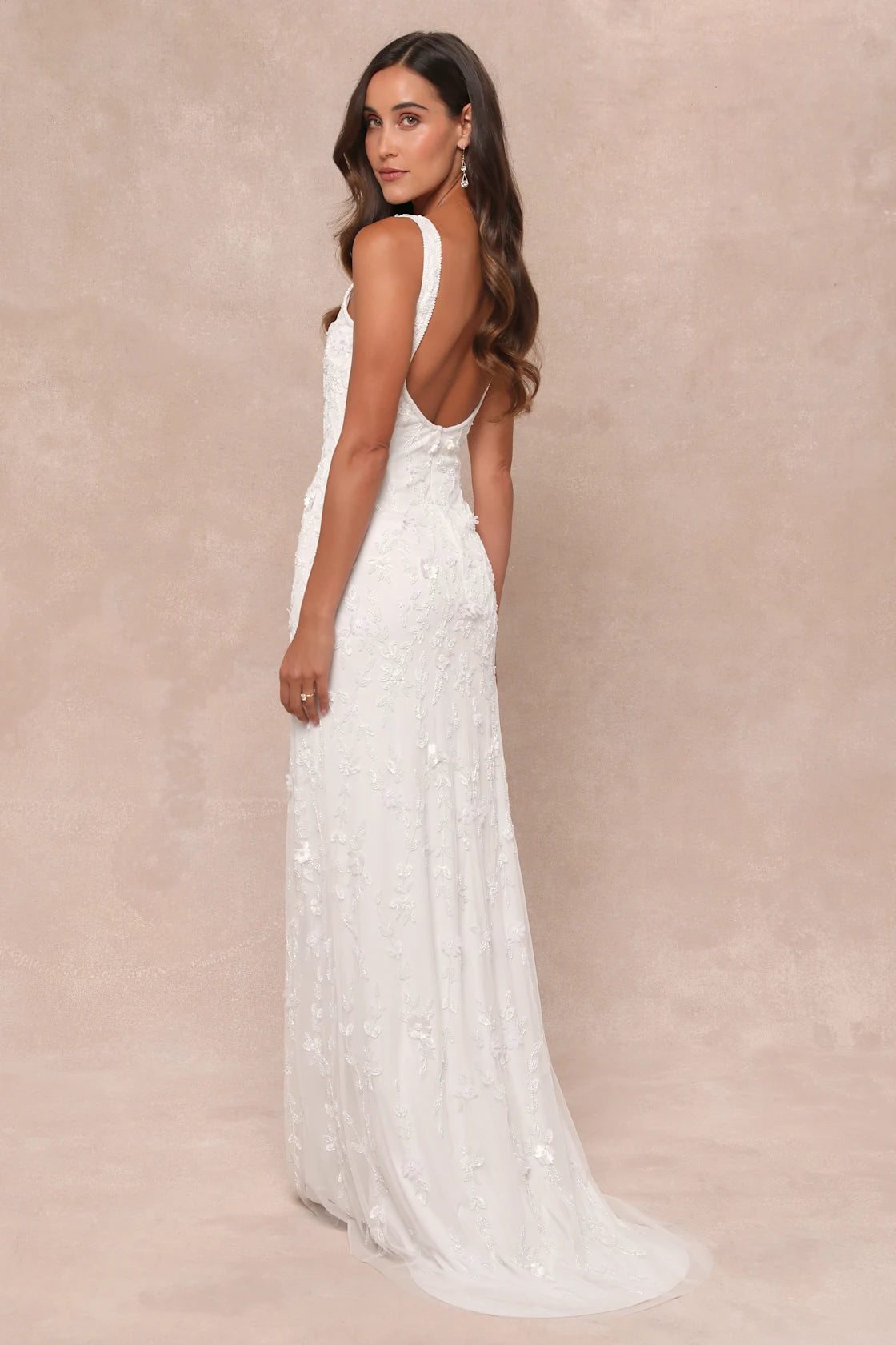 Extraordinary Glamour White 3D Floral Beaded Backless Maxi Dress