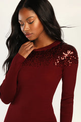 Snow Stopper Burgundy Ribbed Sequin Mini Sweater Dress