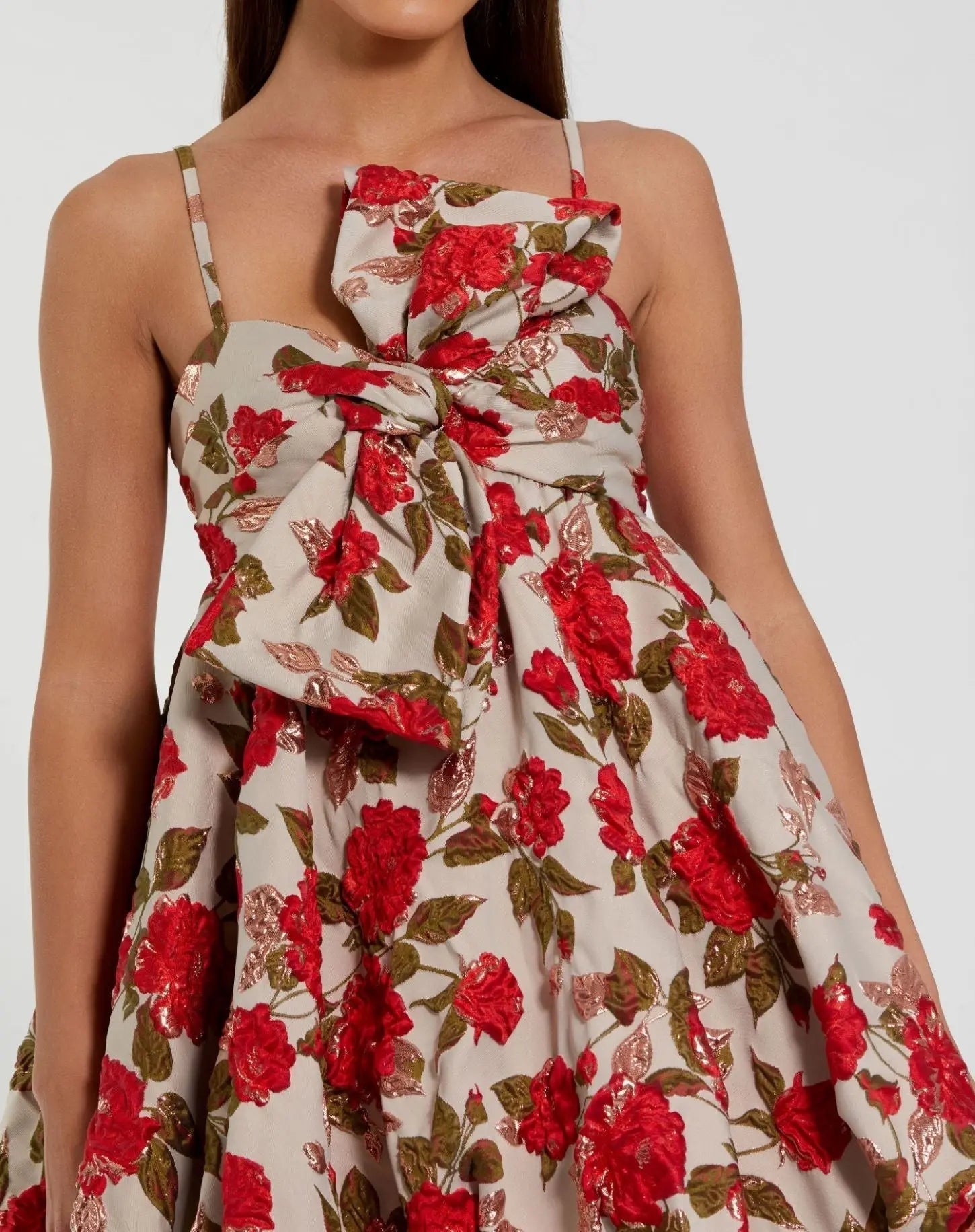 Multicolor Brocade Bubble Skirt Mini Dress with Bow