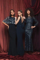 Navy Sequin Long Sleeve Blouson Evening Gown