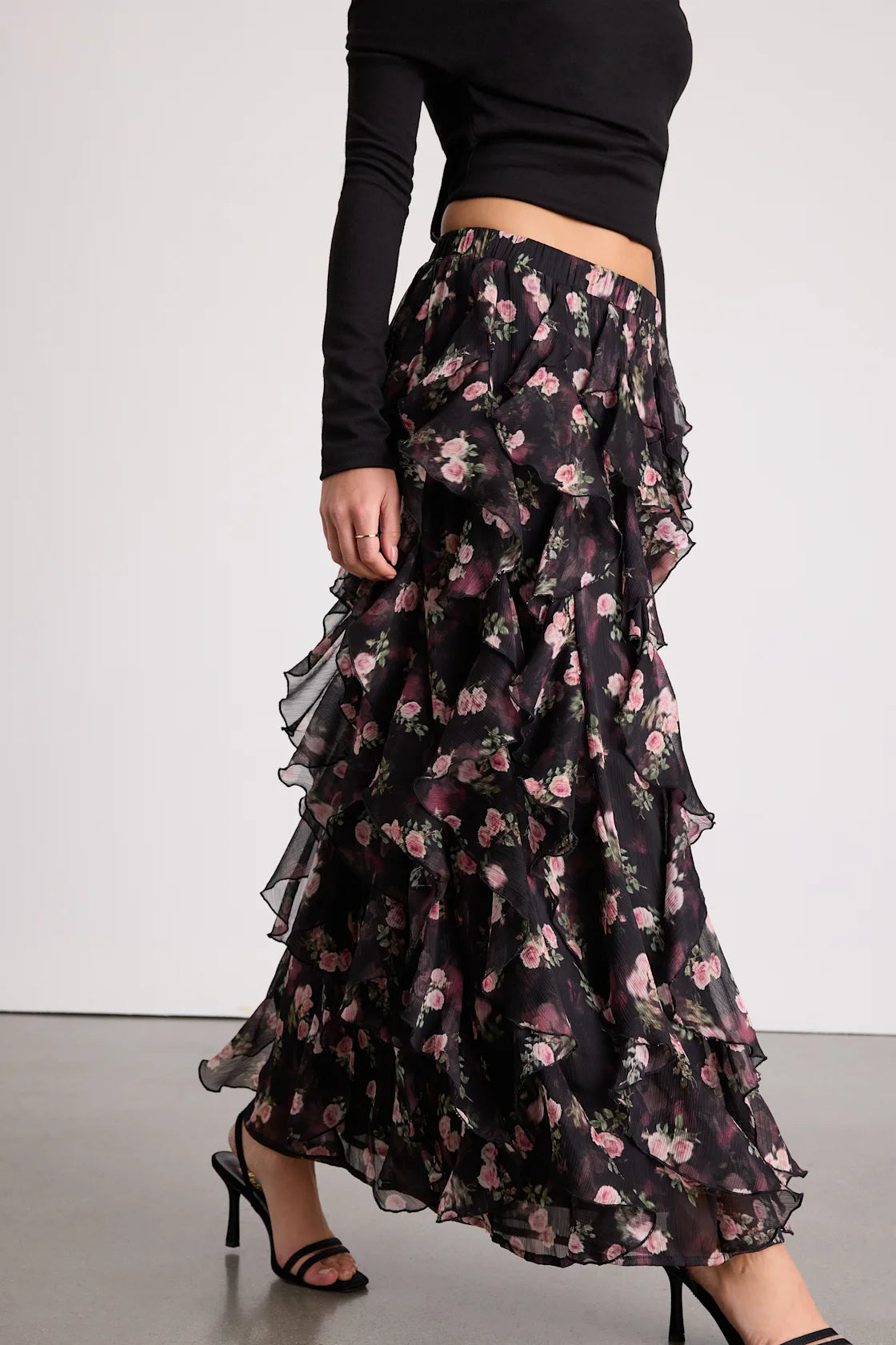 Carion Black Floral Ruffled Maxi Skirt