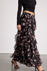 Carion Black Floral Ruffled Maxi Skirt