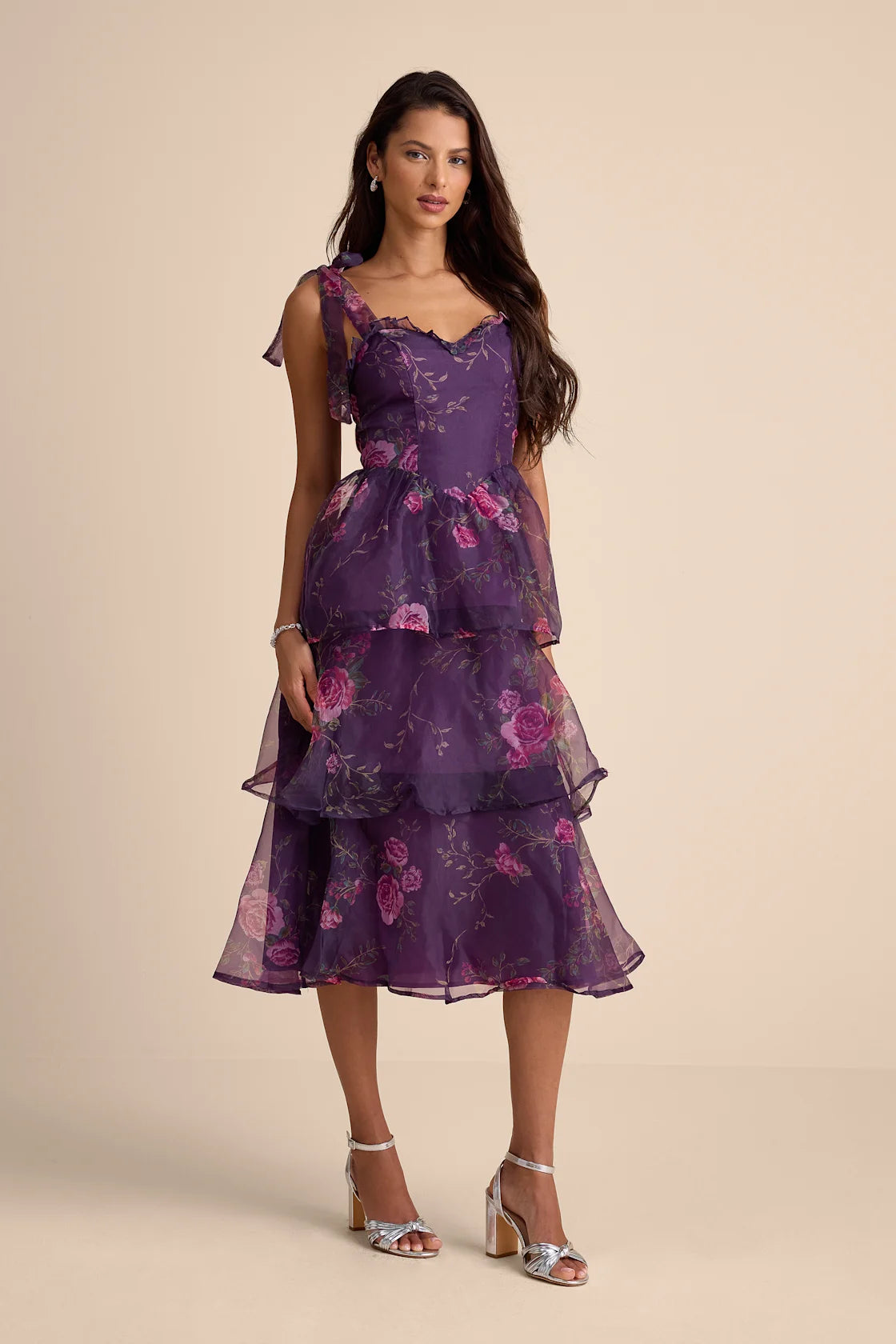 Fairytale Cutie Purple Floral Tie-Strap Tiered Midi Dress