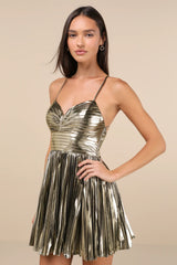 Glamorous Choice Gold Metallic Pleated Lace-Up Mini Dress